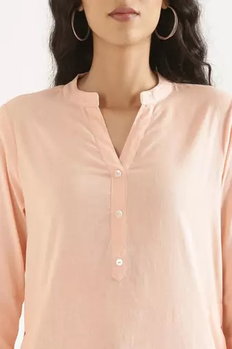 salmon cotton linen straight long kurti with mandarin collar design