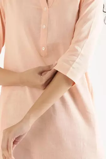 salmon cotton linen straight long kurti with mandarin collar design