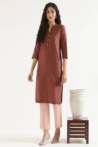 Mandarin collar cotton linen straight kurta