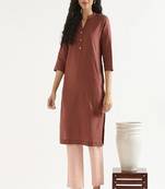 brown cotton linen straight long kurti with mandarin collar design