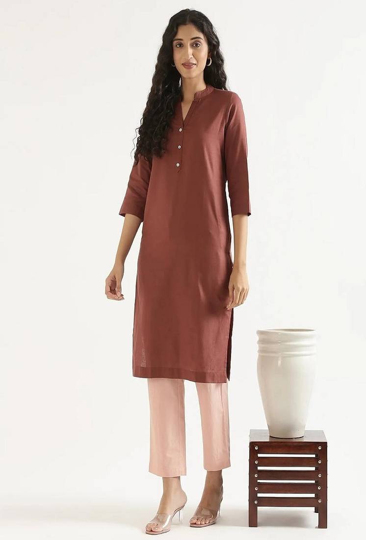 Mandarin collar cotton linen straight kurta