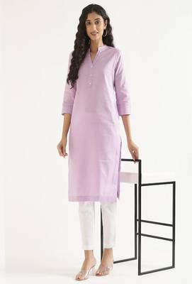 lilac cotton linen straight long kurti with mandarin collar design
 1