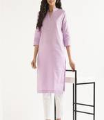 lilac cotton linen straight long kurti with mandarin collar design
