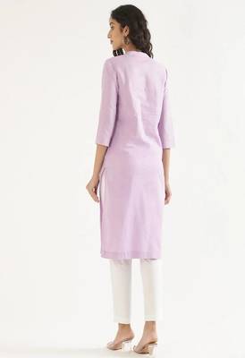 lilac cotton linen straight long kurti with mandarin collar design
 2