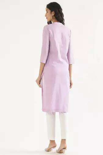 lilac cotton linen straight long kurti with mandarin collar design
