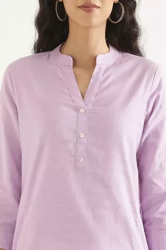 lilac cotton linen straight long kurti with mandarin collar design