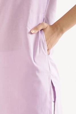 lilac cotton linen straight long kurti with mandarin collar design
 5