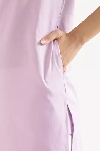 lilac cotton linen straight long kurti with mandarin collar design