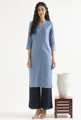 blue cotton linen straight long kurti with mandarin collar design 1
