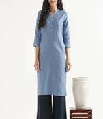 blue cotton linen straight long kurti with mandarin collar design