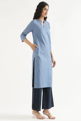 blue cotton linen straight long kurti with mandarin collar design 2