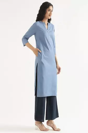 blue cotton linen straight long kurti with mandarin collar design