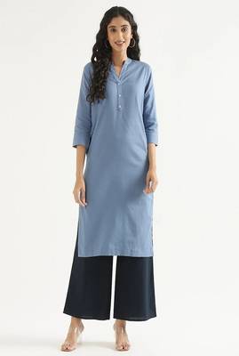 blue cotton linen straight long kurti with mandarin collar design 3