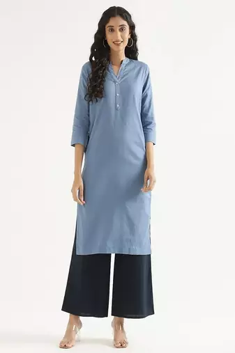 blue cotton linen straight long kurti with mandarin collar design
