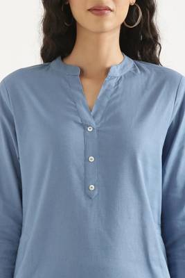 blue cotton linen straight long kurti with mandarin collar design 4