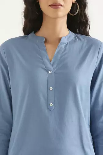 blue cotton linen straight long kurti with mandarin collar design