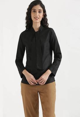 black plain linen blend kurti with tie-up neck style 1