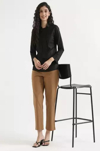 black plain linen blend kurti with tie-up neck style