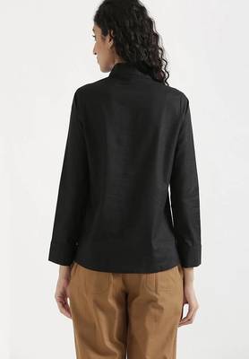 black plain linen blend kurti with tie-up neck style 3