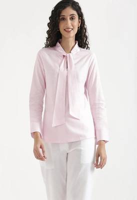 blush pink plain linen blend kurti with tie-up neck style 1