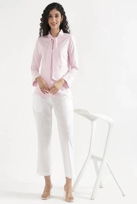 blush pink plain linen blend kurti with tie-up neck style 2