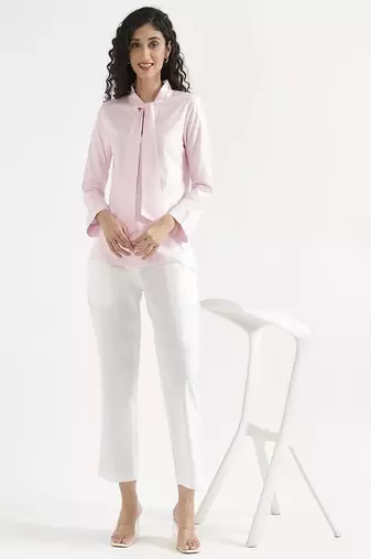 blush pink plain linen blend kurti with tie-up neck style
