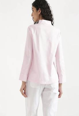 blush pink plain linen blend kurti with tie-up neck style 3