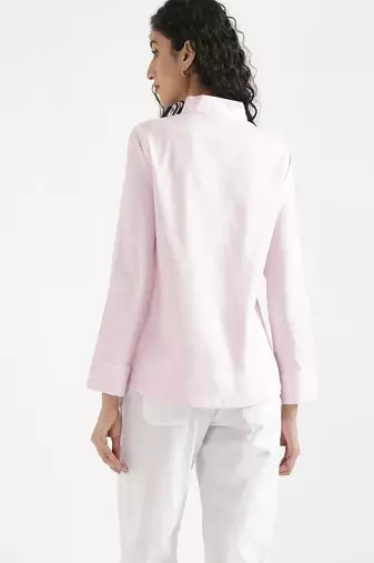 blush pink plain linen blend kurti with tie-up neck style