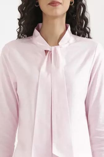 blush pink plain linen blend kurti with tie-up neck style