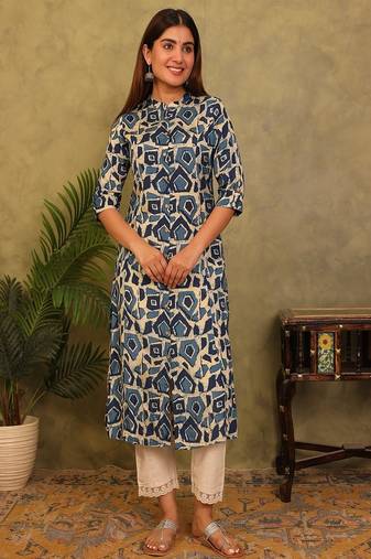 Styllow women printed viscose rayon a-line kurta (indigo)