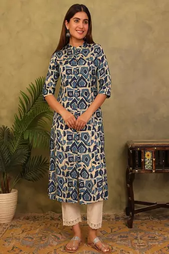 Styllow women printed viscose rayon a-line kurta (indigo)