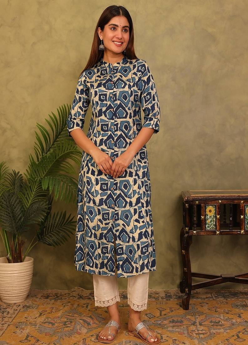 Styllow women printed viscose rayon a-line kurta (indigo)