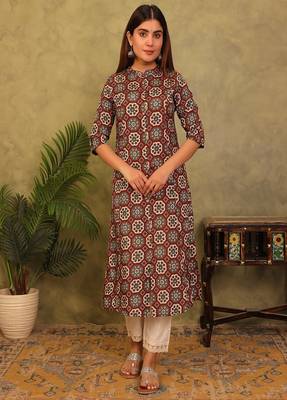 brown printed viscose rayon a-line kurta 1