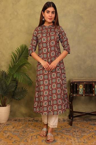 Styllow women printed viscose rayon a-line kurta (rust)