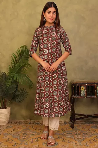 Styllow women printed viscose rayon a-line kurta (rust)
