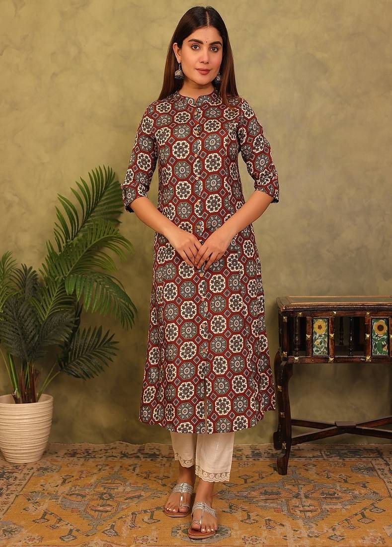 Styllow women printed viscose rayon a-line kurta (rust)
