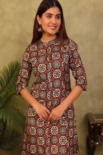 brown printed viscose rayon a-line kurta