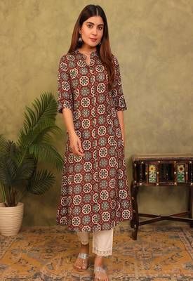 brown printed viscose rayon a-line kurta 3