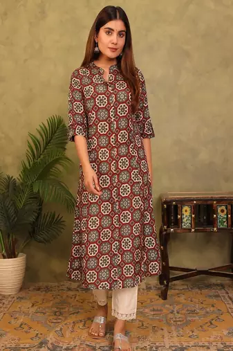 brown printed viscose rayon a-line kurta