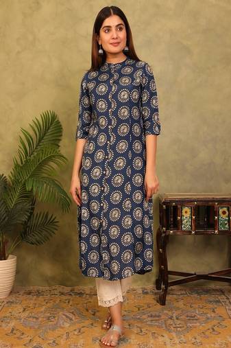 Styllow women printed viscose rayon a-line kurta (navy blue)
