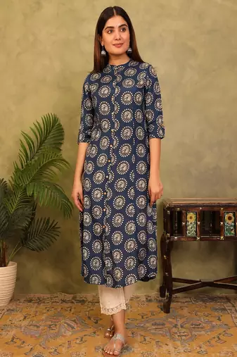Styllow women printed viscose rayon a-line kurta (navy blue)