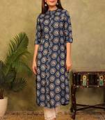 Styllow women printed viscose rayon a-line kurta (navy blue)