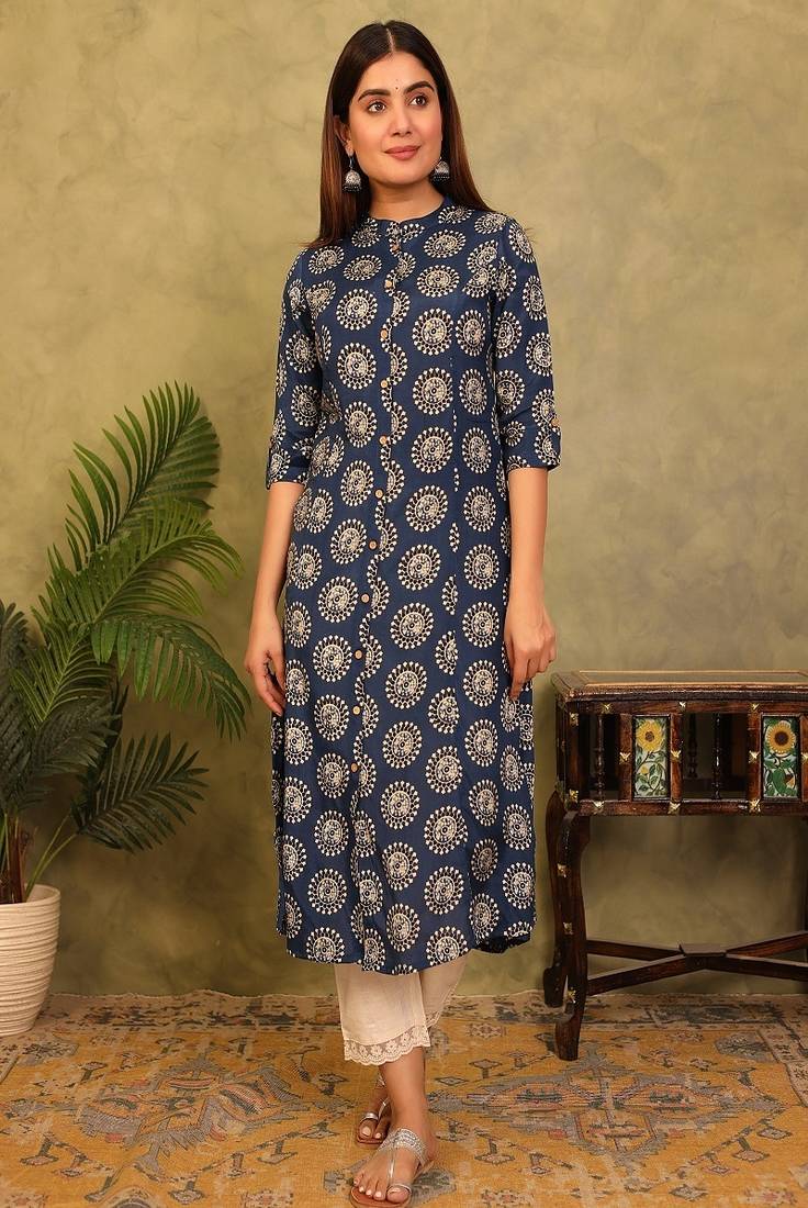 Styllow women printed viscose rayon a-line kurta (navy blue)