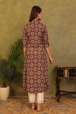brown printed viscose rayon a-line kurta 4