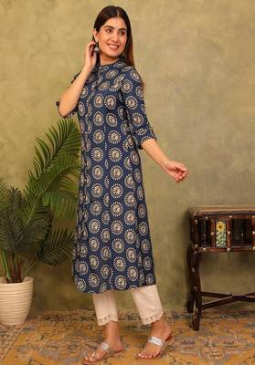 navy blue printed viscose rayon a-line kurta 2