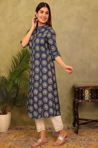 navy blue printed viscose rayon a-line kurta
