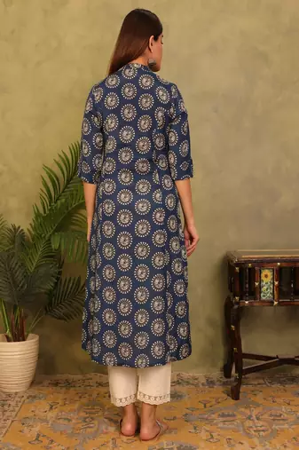 navy blue printed viscose rayon a-line kurta