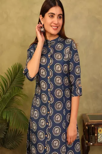 navy blue printed viscose rayon a-line kurta