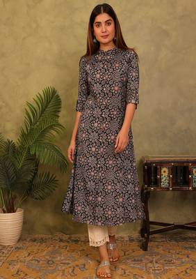 black floral printed viscose rayon a-line kurta 1