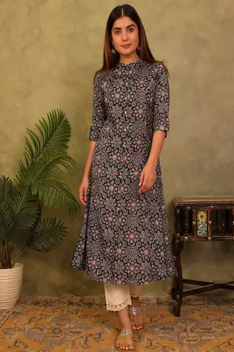 Styllow women printed viscose rayon a-line kurta (black)